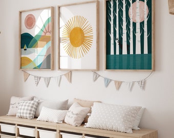 Decoración de guardería bohemia, juego de 3 láminas, decoración nórdica para guardería, lámina de sol, lámina de bosque, lámina de paisaje, imprimible para guardería