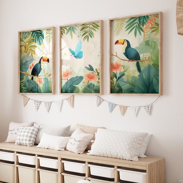 Toucan Print, Jungle Nursery, Kids Room Decor,Tropical Wall Art, Nursery Wall Art, Set of 3 Prints, Neutral Nursery Decor