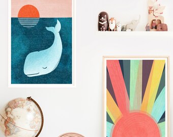 Nautical Nursery Print Set of 2, Boho Sunshine Print, Whale Nursery Printable, Under the Sea, Kids Room Décor, Nursery Décor, Digital