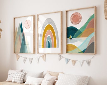 Set of 3 Prints, Nordic Nursery Decor, Nursery Wall Art, Mountain Print, Sunshine Print, Rainbow Print, Girls Room Decor - DIGITAL DOWNLOAD