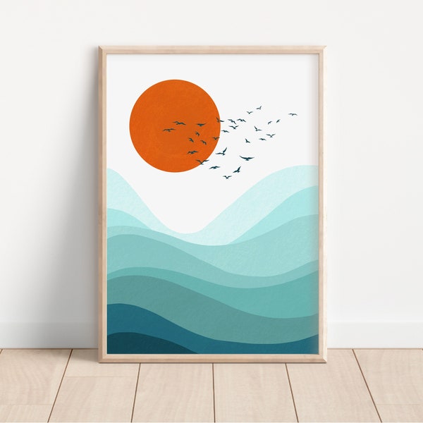 Nautical Ocean Art Print, Sunset Birds Art, Minimalist Nursery Wall Décor, Coastal Poster, Sea Waves Print, Nursery Printable, Digital