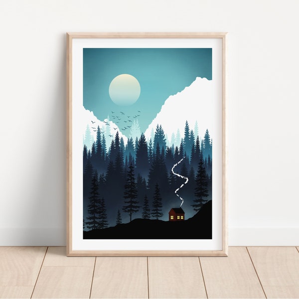Winter Mountain Landscape  | Cabin Art Print | Nordic Art Print | Whimsical Wall Art | Adventure Nursery