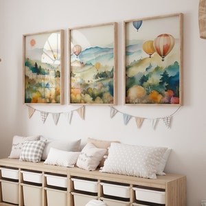 Láminas de globos aerostáticos para habitación infantil (juego de 3), decoración de pared bohemia neutra, decoración cottagecore, impresión en acuarela, descarga digital