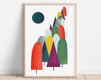 May include: Abstract art print featuring a stylized forest scene with a blue circle in the upper right corner. The trees are various shades of red, green, yellow, and purple.