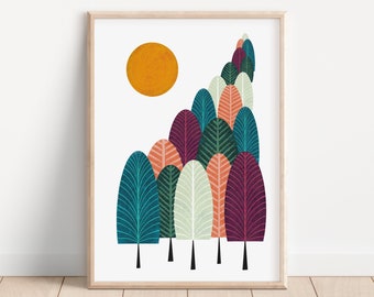May include: A digital art print featuring a stylized forest scene with a large yellow sun and a row of colorful trees with geometric patterns. The trees are in shades of teal, green, pink, and purple.