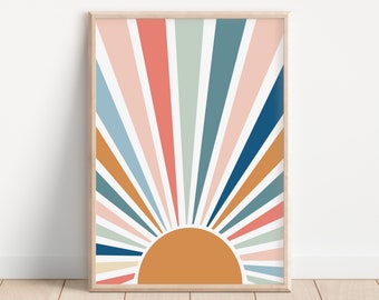 Boho Sunshine Print, Rainbow Print, Nursery Printable, Nordic Nursery, Kids Room Art