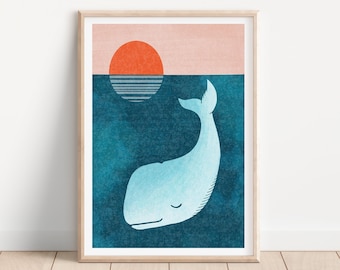 Impresión de ballena, impresión bajo el mar, decoración de habitación infantil, guardería náutica, arte infantil, impresión de atardecer soleado, decoración imprimible para habitación infantil