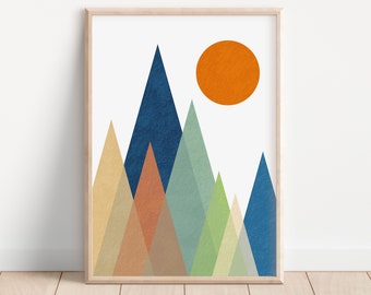May include: Abstract geometric mountain landscape art print with a large orange sun in the upper right corner. The mountains are in shades of blue, green, brown, and beige.