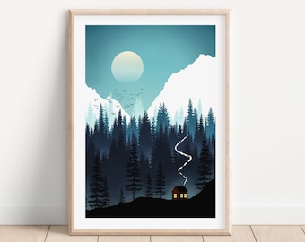 Winter Mountain Landscape  | Cabin Art Print | Nordic Art Print | Whimsical Wall Art | Adventure Nursery