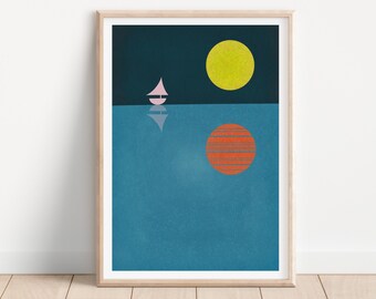Boho Nautical Nursery Art, Nursery Printable, Moon Sailboat Sea Prints, Beach House Décor, Under the Sea, Kids Room Décor, Neutral Nursery