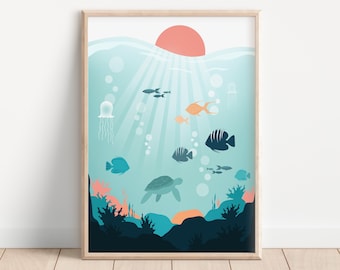 Nautische kinderkamerkunst, onder de zee print, tropische print, oceaan muurkunst, decor kinderkamer, afdrukbare kinderkamer kunst