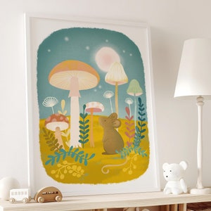 Niedliche Maus Illustration, Folklore Kinderzimmer, Cottagecore Bild, Pilz Druck, skurrile Dekoration, druckbare Wandkunst