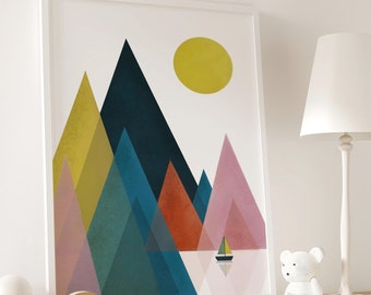 Colourful Nursery Print, Minimalist Nursery Decor, Mountain Wall Art, Boys Room Print, Playroom Decor, Nordic Nursery, DIGITAL DOWNLOAD