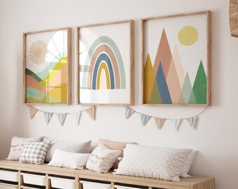 Set of 3 Prints, Nordic Nursery Decor, Nursery Wall Art, Mountain Print, Sunshine Print, Rainbow Print,