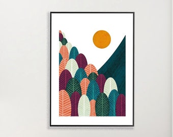 May include: Abstract art print featuring a stylized landscape with a sun, mountains, and trees in shades of orange, red, purple, green, and blue.