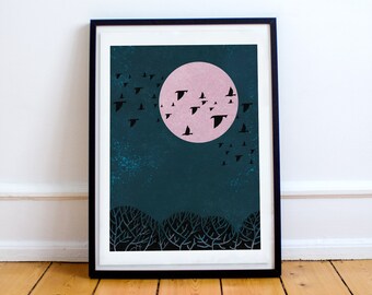 Cartel de la Luna ? Arte de la pared de aves ( Bird Wall Art) Luna rosa ? Impresión del cielo nocturno ?s. Impresión de arte Boho ? Arte imprimible