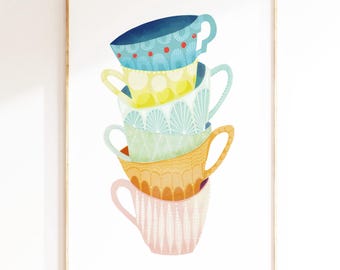 Arte de cocina retro / Arte mural colorido / Arte de cocina imprimible / Impresión artística de taza de té / Regalo para amantes del té