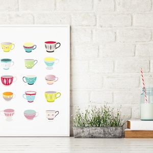 Teacup Art Print, Kitchen Wall Art, Kitchen Teacup Print, Retro Kitchen Art, Teacups illustration, Home decor, Retro kitchen Print