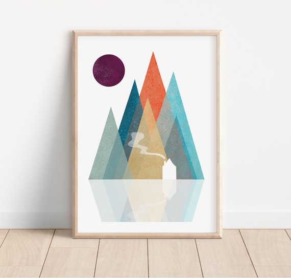 Nordic Mountain Art Print, Whimsical Mountain Landscape Prints, Boho Nursery Décor, Scandinavian Print, Abstract Mountain, Digital