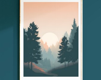 Arte mural minimalista de bosque, impresión de hoja perenne, bohemio imprimible, caprichoso, arte mural, decoración moderna para habitación infantil.