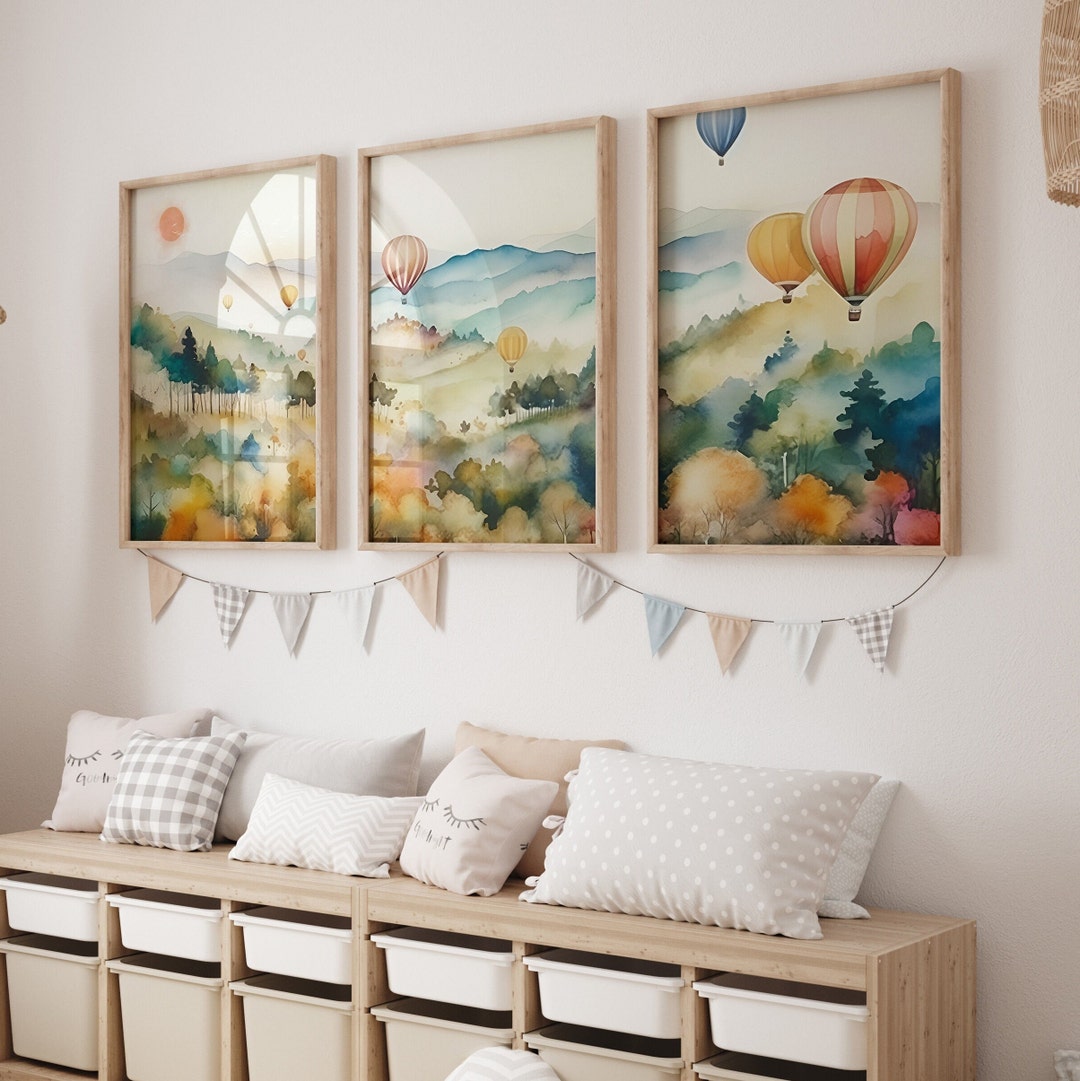 Hot Air Balloon Nursery Prints, Set of 3 , Neutral Boho Wall Decor ...