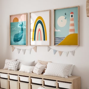Ocean Nursery Decor, Set of 3 Prints, Nautical Nursery, Lighthouse Print, Whale Print, Rainbow Print, Printable Wall Art