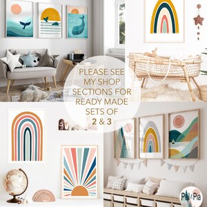 May include: A set of three nursery prints featuring colorful rainbows, sunrises, and whales. The prints are framed and displayed in a nursery setting. The text "PLEASE SEE MY SHOP SECTIONS FOR READY MADE SETS OF 2 & 3" is displayed in the center of the image.