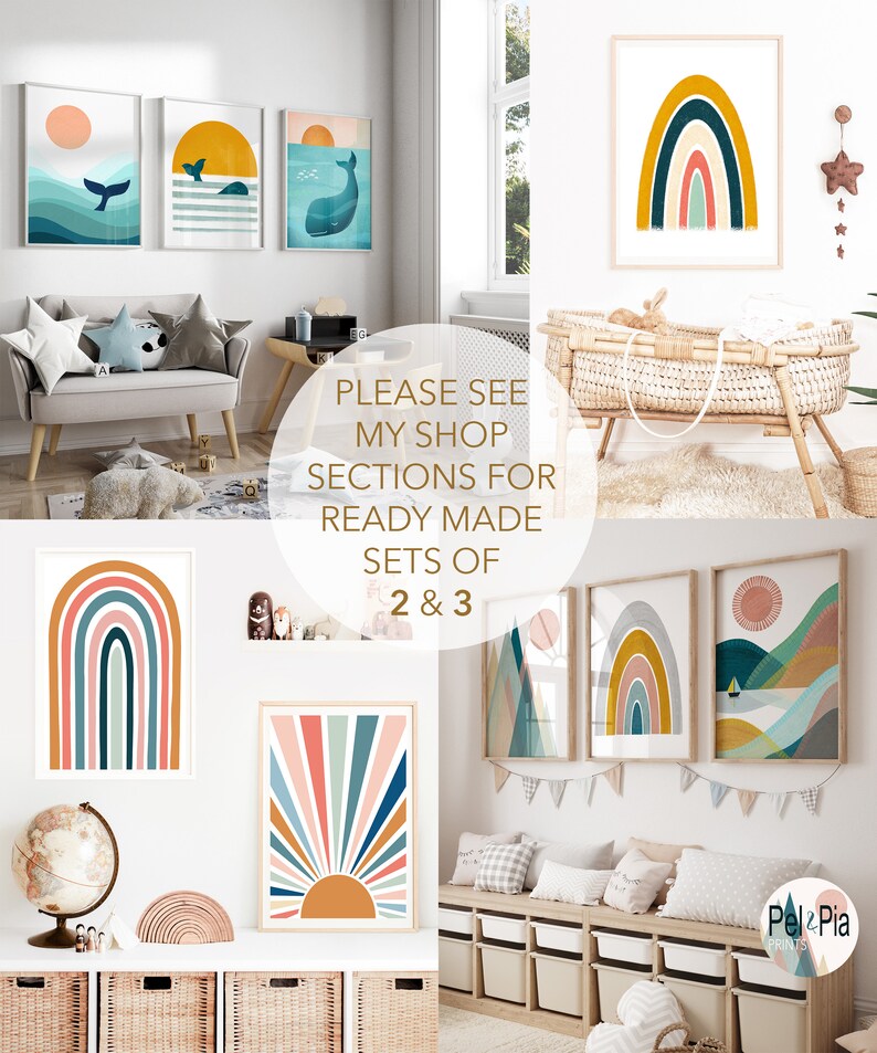 May include: A set of three nursery prints featuring colorful rainbows, sunrises, and whales. The prints are framed and displayed in a nursery setting. The text "PLEASE SEE MY SHOP SECTIONS FOR READY MADE SETS OF 2 & 3" is displayed in the center of the image.
