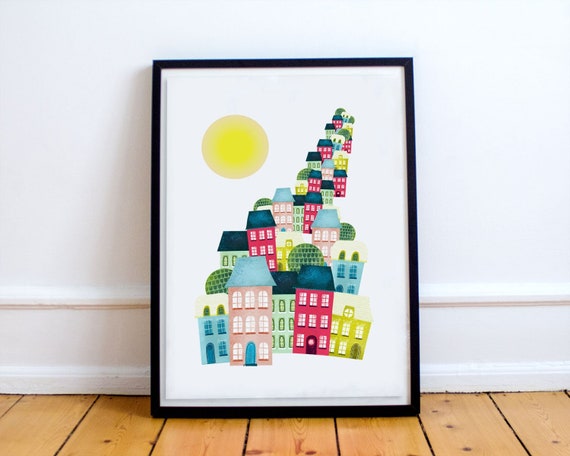 Cityscape Nursery Print, Colorful Cityscape Wall Art, Neutral Nursery Décor, Kids Gallery Art, Whimsical Cityscape, Landmarks, Digital