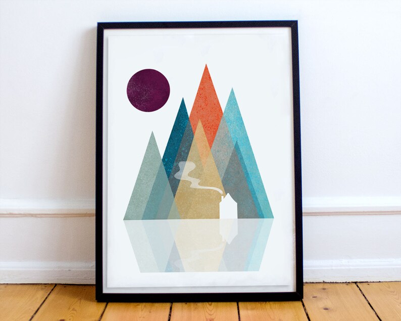 Nordic Mountain Art Print, Whimsical Mountain Landscape Prints, Boho Nursery Décor, Scandinavian Print, Abstract Mountain, Digital image 5