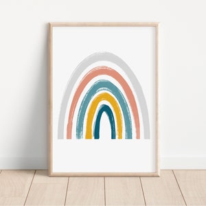 Op de afbeelding: Een kleurrijke regenboogprint op een witte achtergrond. De regenboog bestaat uit vijf bogen in tinten grijs, roze, teal, geel en blauw.