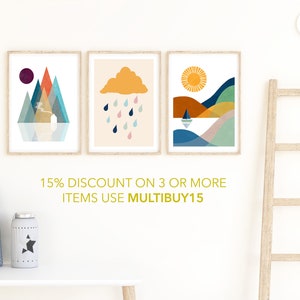 Nordic Mountain Art Print, Whimsical Mountain Landscape Prints, Boho Nursery Décor, Scandinavian Print, Abstract Mountain, Digital image 2