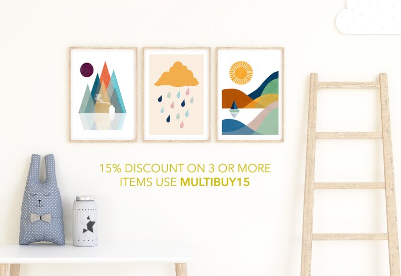 Nordic Mountain Art Print, Whimsical Mountain Landscape Prints, Boho Nursery Décor, Scandinavian Print, Abstract Mountain, Digital image 2