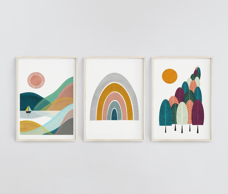 Whimsical Wall Art Set of 3 Art Prints Nordic Nursery Etsy