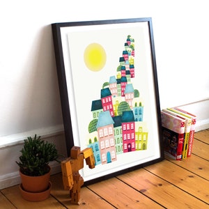 Cityscape Nursery Print, Colorful Cityscape Wall Art, Neutral Nursery Décor, Kids Gallery Art, Whimsical Cityscape, Landmarks, Digital image 2