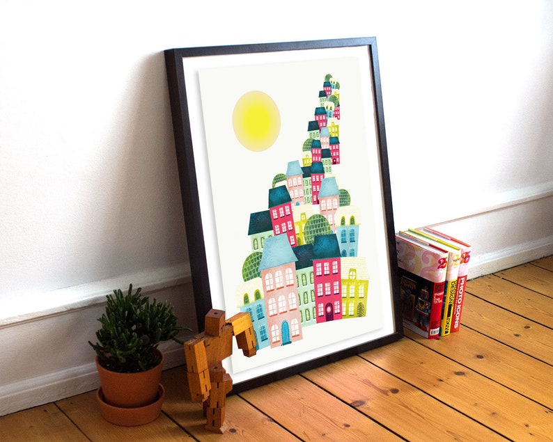Cityscape Nursery Print, Colorful Cityscape Wall Art, Neutral Nursery Décor, Kids Gallery Art, Whimsical Cityscape, Landmarks, Digital image 2