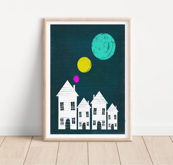 Cityscape Nursery Print, Abstract Cityscape Wall Art, Neutral Nursery Décor, Kids Gallery Art, Whimsical Cityscape, Landmarks, Digital