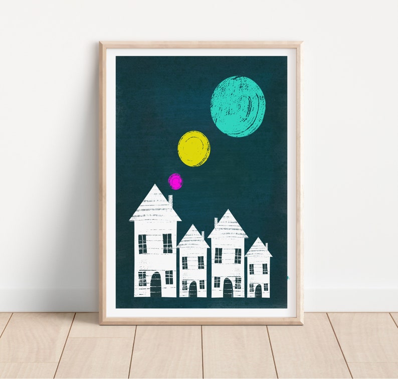 May include: A digital art print featuring a row of white houses with teal, yellow, and pink circles in the sky. The background is a dark teal color.