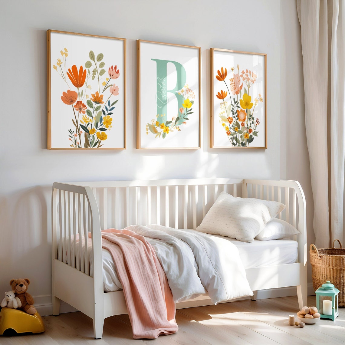 Floral Nursery Wall Art, Personalised Initial Name Print, Custom ...