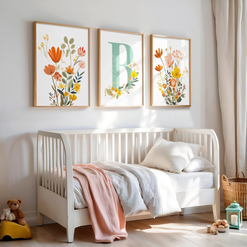 Floral Nursery Wall Art, Personalised Initial Name Print, Custom ...
