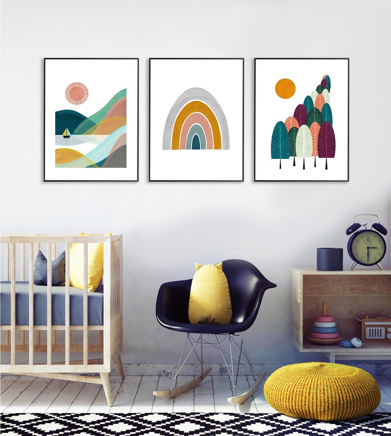 Whimsical Wall Art Set of 3 Art Prints Nordic Nursery Etsy