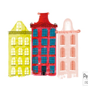 May include: Three colorful cartoon buildings with windows and doors. The building on the left is yellow, the middle building is red, and the building on the right is pink.
