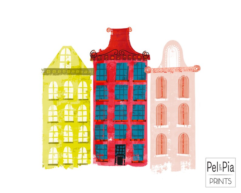 May include: Three colorful cartoon buildings with windows and doors. The building on the left is yellow, the middle building is red, and the building on the right is pink.