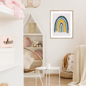 Puede incluir: Una impresi&oacute;n enmarcada de un arco&iacute;ris colorido con un esquema de colores amarillo, verde y azul. El arco&iacute;ris est&aacute; pintado en un estilo texturizado con puntos blancos. La impresi&oacute;n est&aacute; colgada en una pared blanca en una guarder&iacute;a.