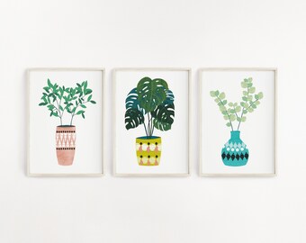 Plant Art Print Set of 3, Eucalyptus Monstera Prints, Botanical Poster, Tropical Leaves Print, Minimalist Houseplant, Farmhouse Décor