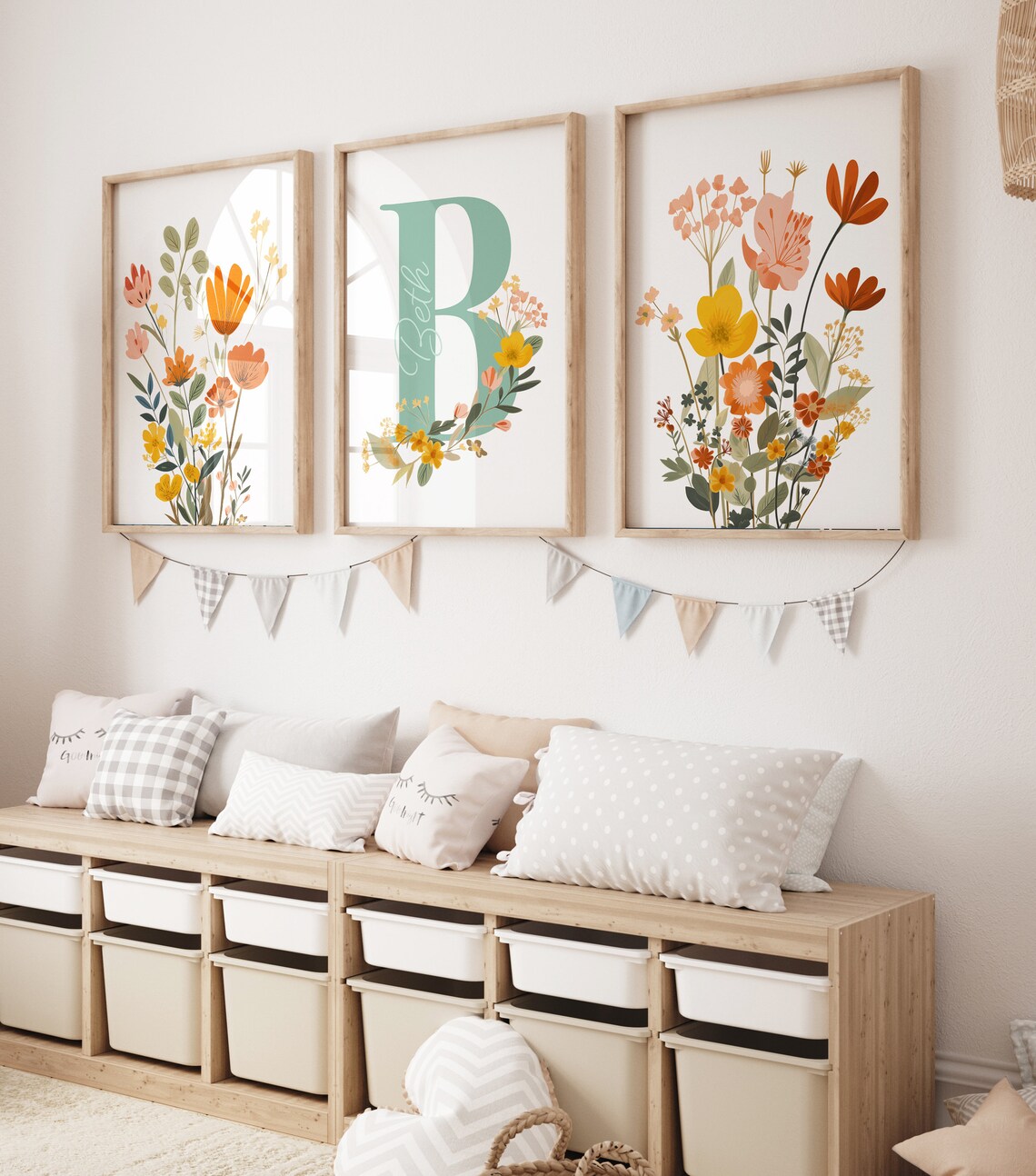 Floral Nursery Wall Art, Personalised Initial Name Print, Custom ...