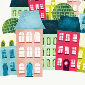 Cityscape Nursery Print, Colorful Cityscape Wall Art, Neutral Nursery Décor, Kids Gallery Art, Whimsical Cityscape, Landmarks, Digital image 4