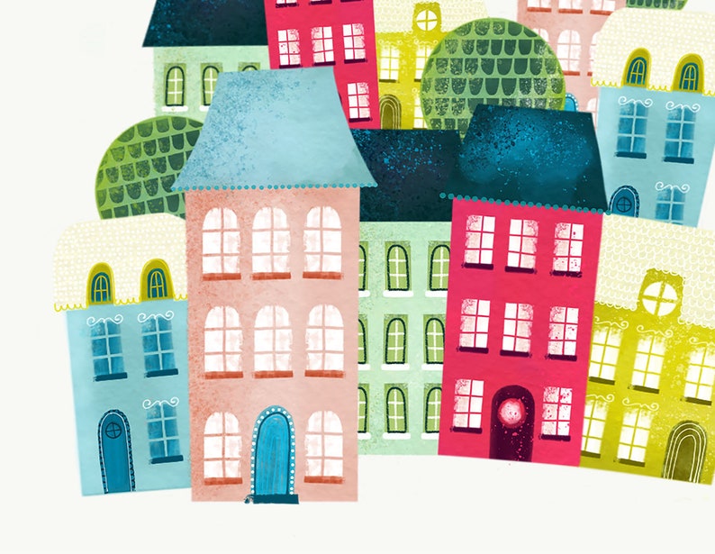 Cityscape Nursery Print, Colorful Cityscape Wall Art, Neutral Nursery Décor, Kids Gallery Art, Whimsical Cityscape, Landmarks, Digital image 4