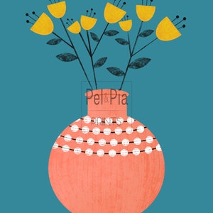 May include: A bouquet of yellow flowers with black stems in a red and white polka dot vase. The vase has the text "Pel & Pia Prints" on the front.