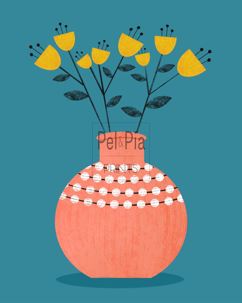 May include: A bouquet of yellow flowers with black stems in a red and white polka dot vase. The vase has the text "Pel & Pia Prints" on the front.